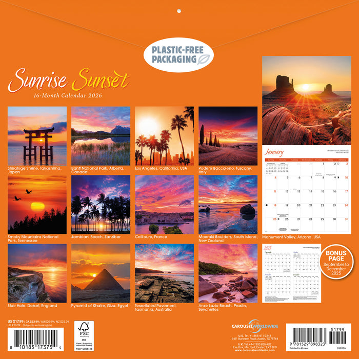 Sunrise Sunset 2026 Square Wall Calendar