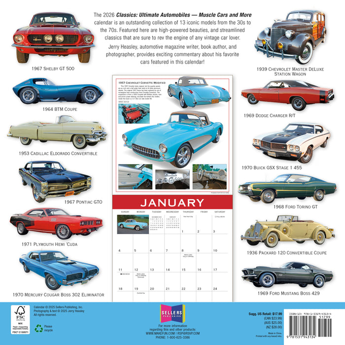Classics Ultimate Automobiles — Muscle Cars and More 2026 Square Wall Calendar