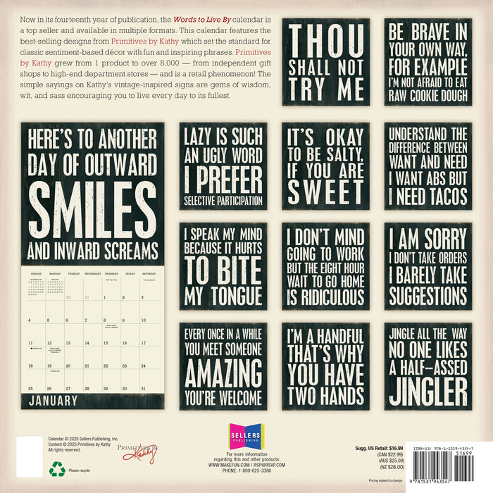 Words to Live By 2026 Square Wall Calendar