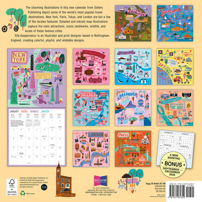 Drawn to Travel: Illustrated Cities of the World 2027 Square Wall Calendar