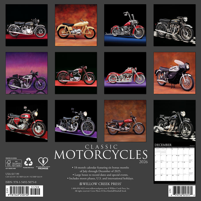 Classic Motorcycles 2026 Square Wall Calendar