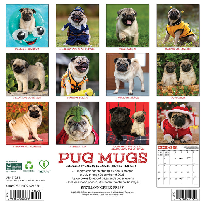 Pug Mugs 2026 Square Wall Calendar