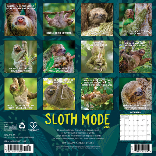 Sloth Mode 2026 Square Wall Calendar