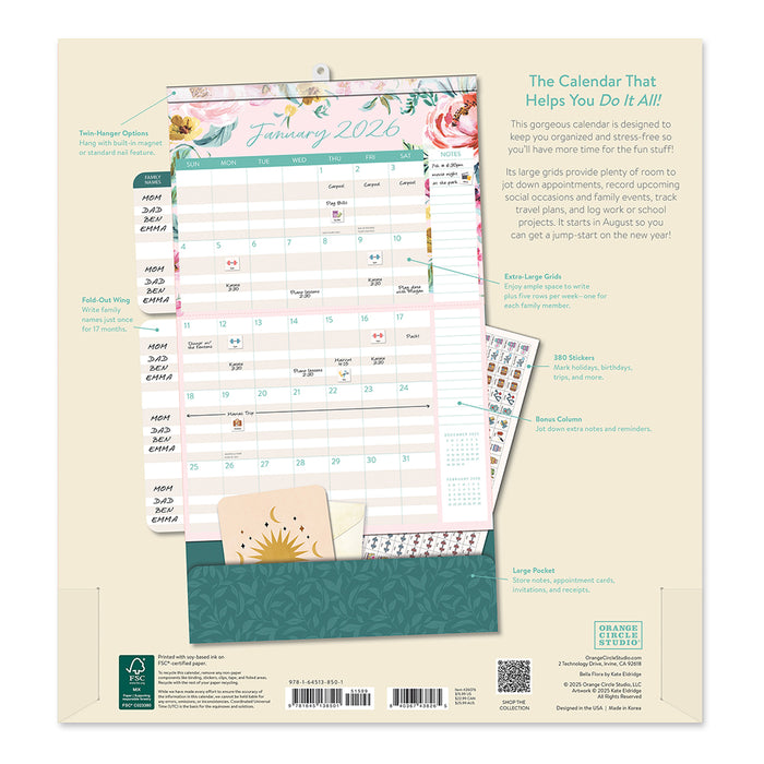 Bella Flora Do It All 2026 Large Wall Calendar with Pocket