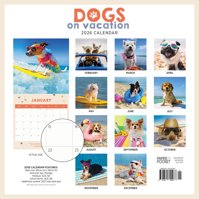 Dogs on Vacation 2026 Square Wall Calendar
