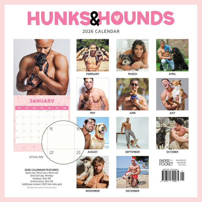 Hunks and Hounds 2026 Square Wall Calendar