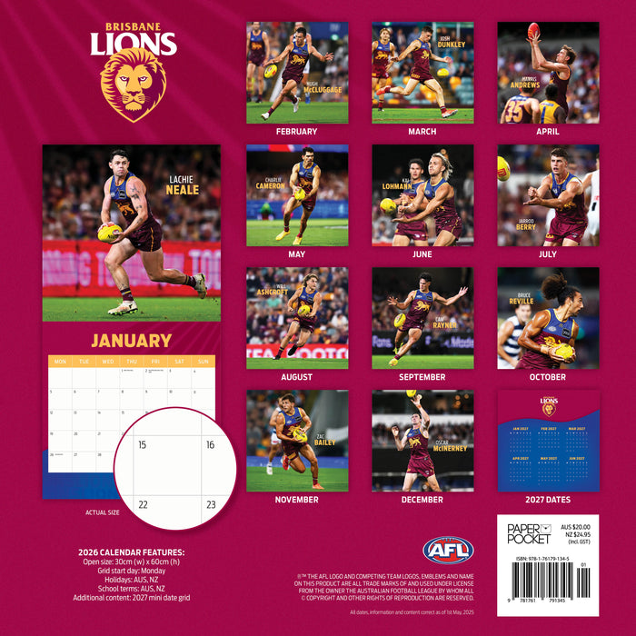 AFL Brisbane Lions 2026 Square Wall Calendar