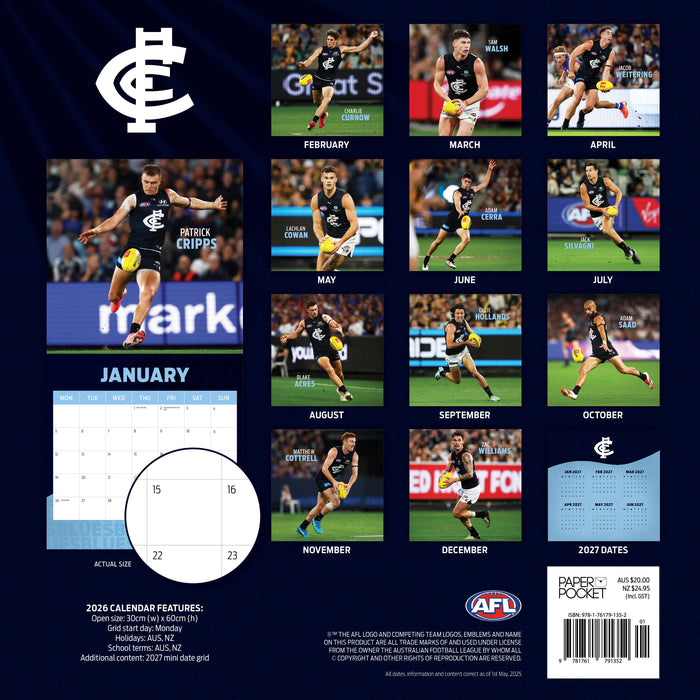 AFL Carlton Blues 2026 Square Wall Calendar