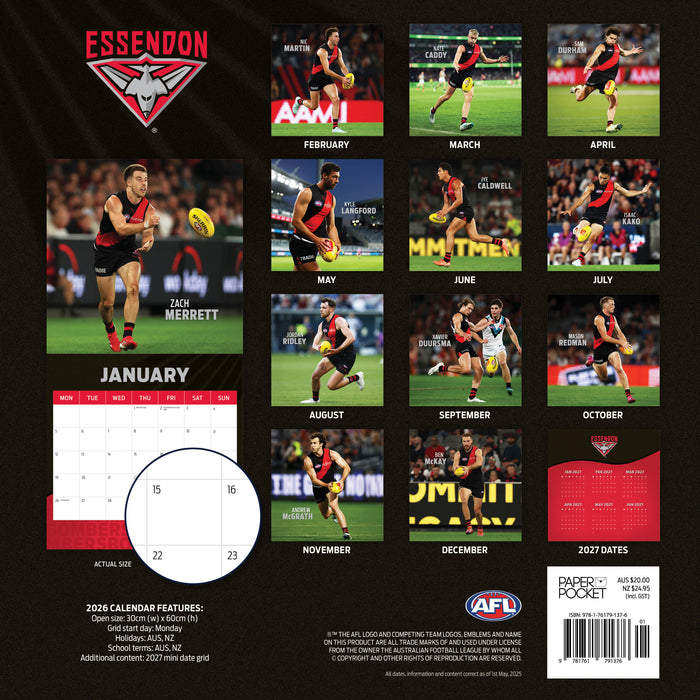 AFL Essendon Bombers 2026 Square Wall Calendar