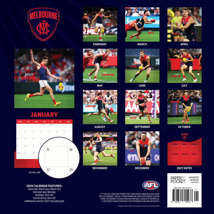 AFL Melbourne Demons 2026 Square Wall Calendar