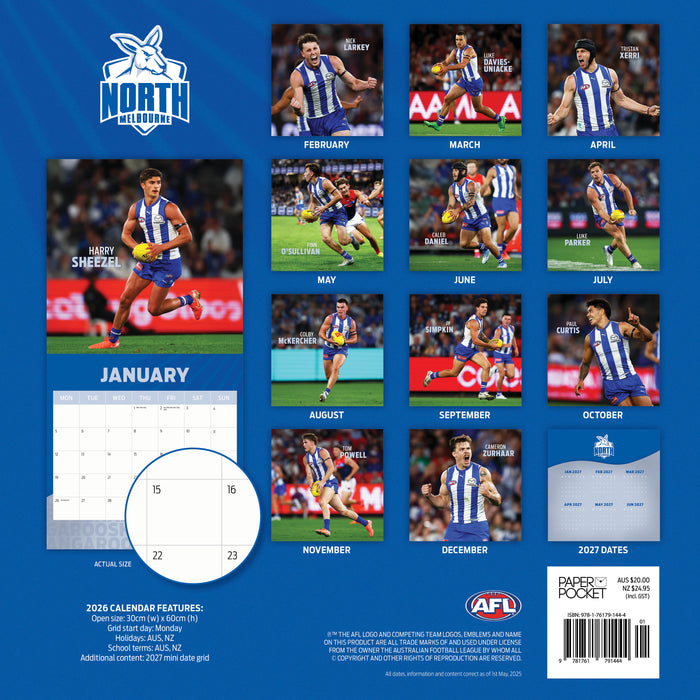 AFL North Melbourne Kangaroos 2026 Square Wall Calendar