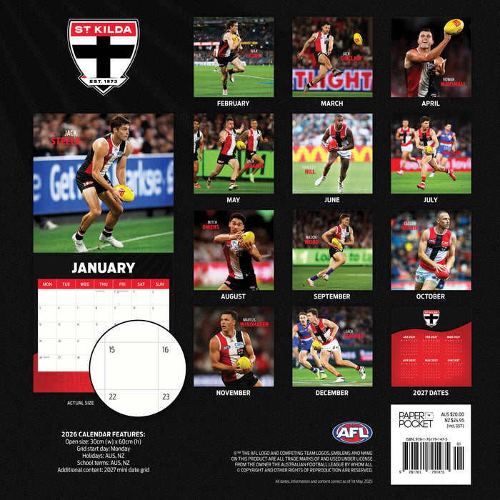AFL St Kilda Saints 2026 Square Wall Calendar