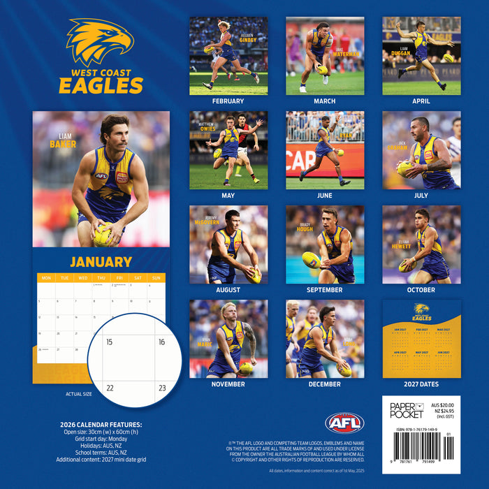 AFL West Coast Eagles 2026 Square Wall Calendar