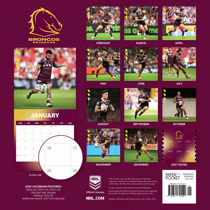 NRL Brisbane Broncos 2026 Square Wall Calendar