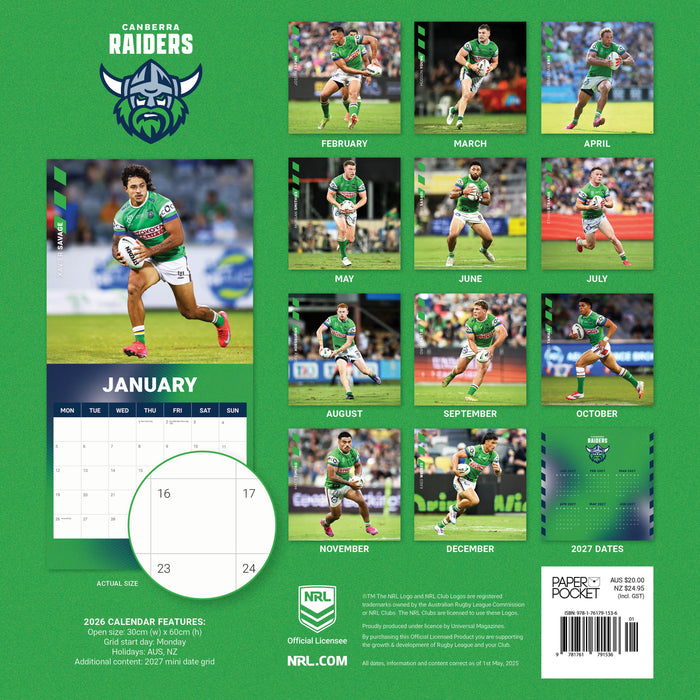 NRL Canberra Raiders 2026 Square Wall Calendar