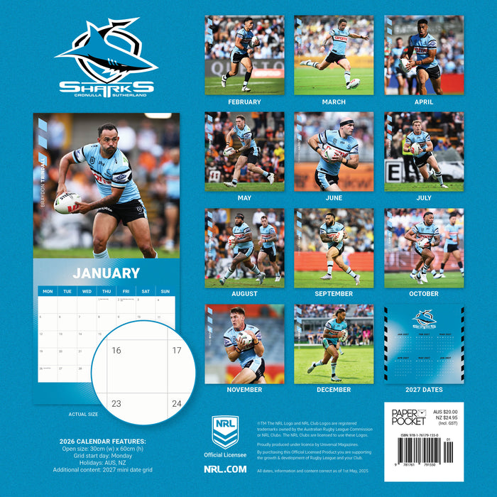 NRL Cronulla Sharks 2026 Square Wall Calendar