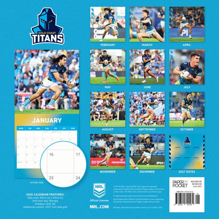 NRL Gold Coast Titans 2026 Square Wall Calendar