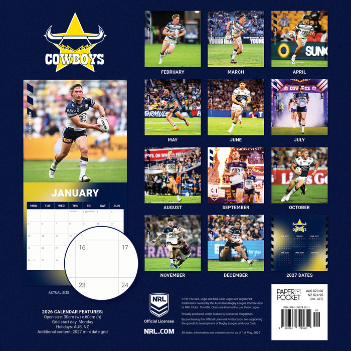 NRL North Queensland Cowboys 2026 Square Wall Calendar