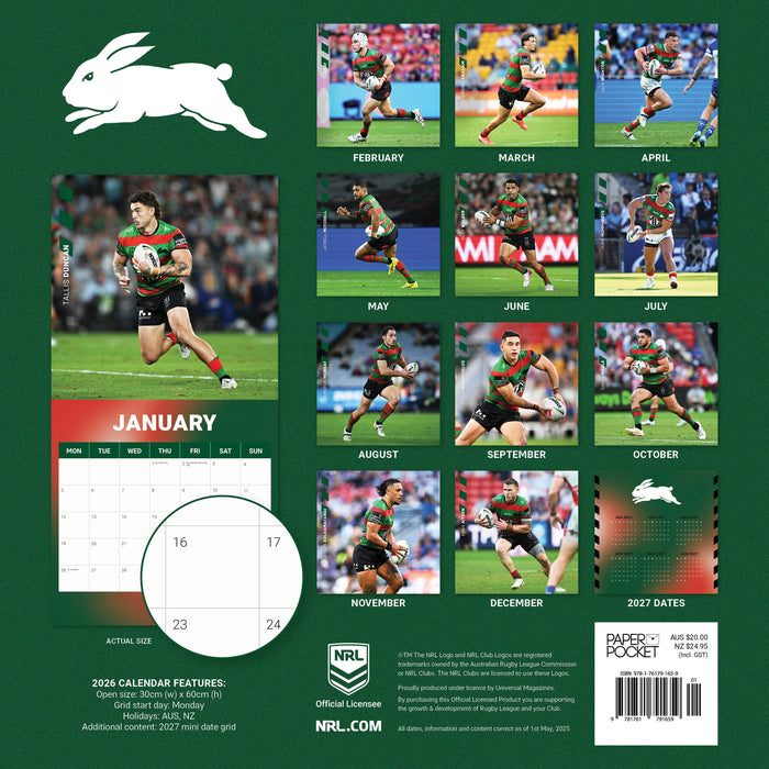 NRL South Sydney Rabbitohs 2026 Square Wall Calendar