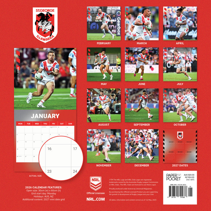 NRL St George Illawarra Dragon 2026 Square Wall Calendar