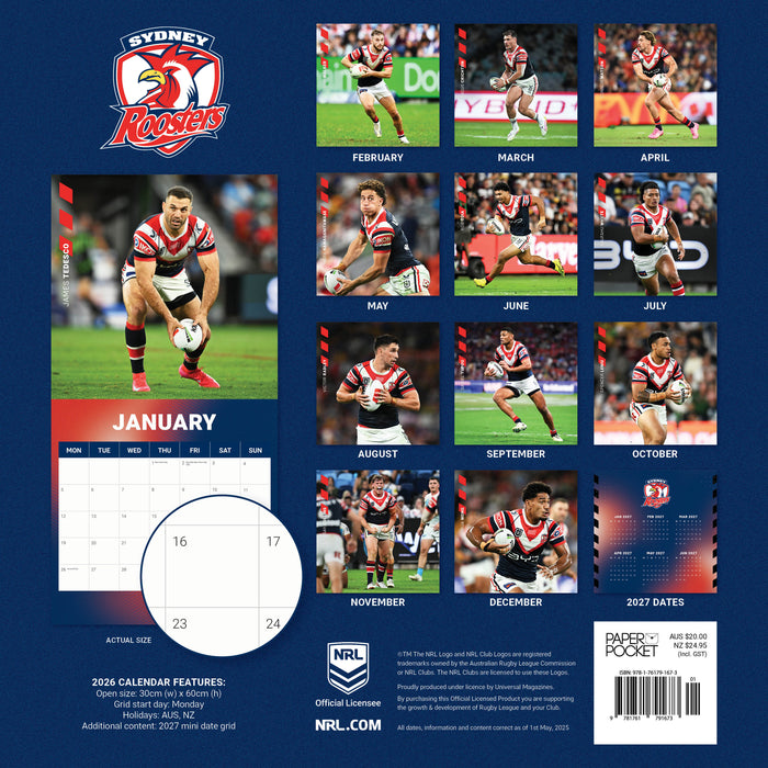 NRL Sydney Roosters 2026 Square Wall Calendar