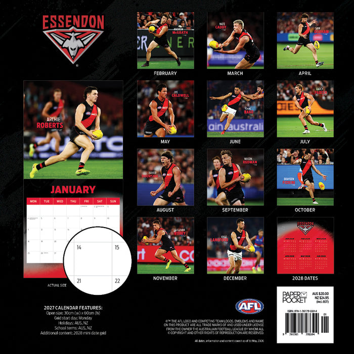 AFL Essendon Bombers 2027 Square Wall Calendar