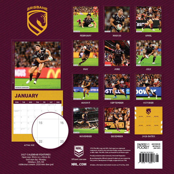 NRL Brisbane Broncos 2027 Square Wall Calendar