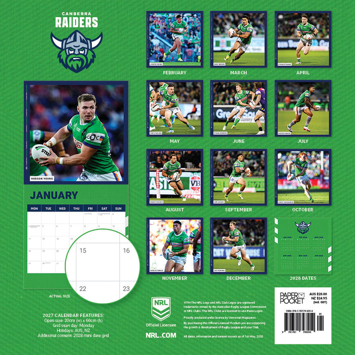 NRL Canberra Raiders 2027 Square Wall Calendar