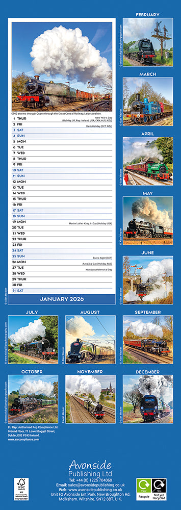 Steam Trains 2026 Slimline Wall Calendar