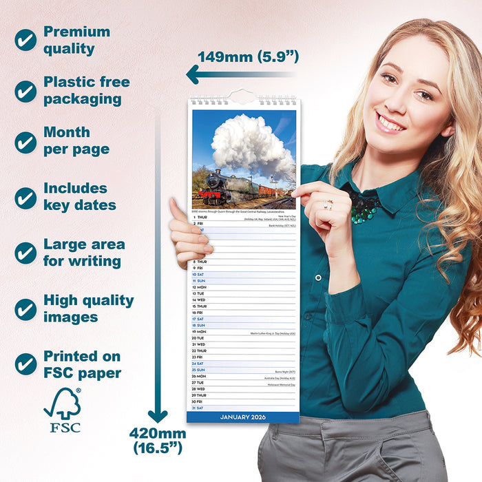 Steam Trains 2026 Slimline Wall Calendar