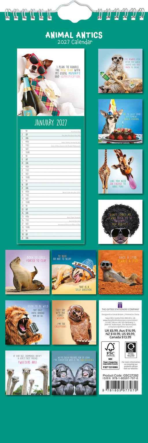 Animal Antics 2027 Slimline Wall Calendar