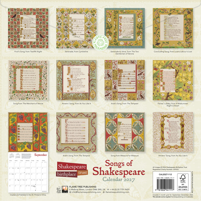 Songs of Shakespeare 2027 Square Wall Calendar