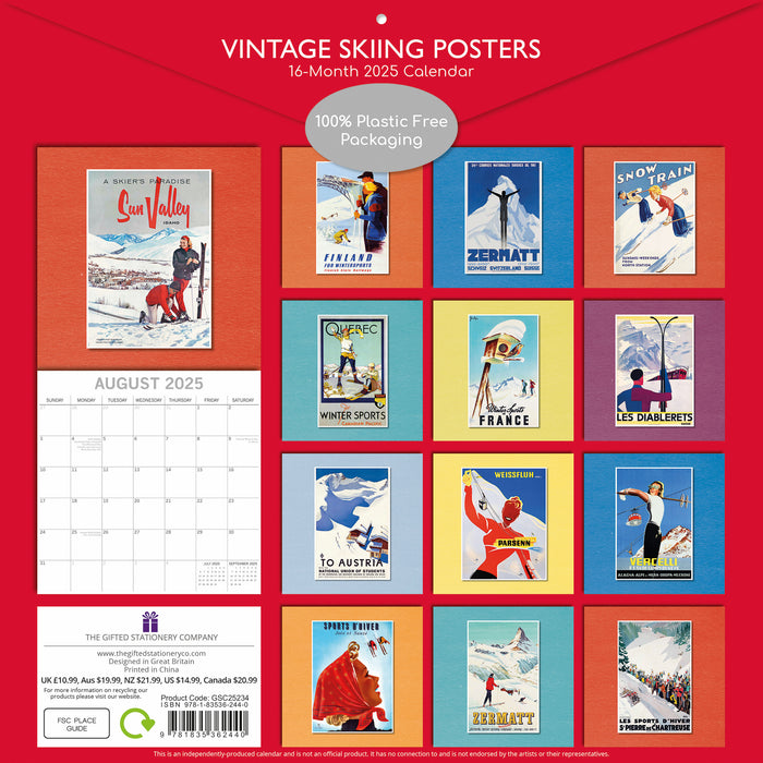 2025 Vintage Skiing Posters Wall Calendar