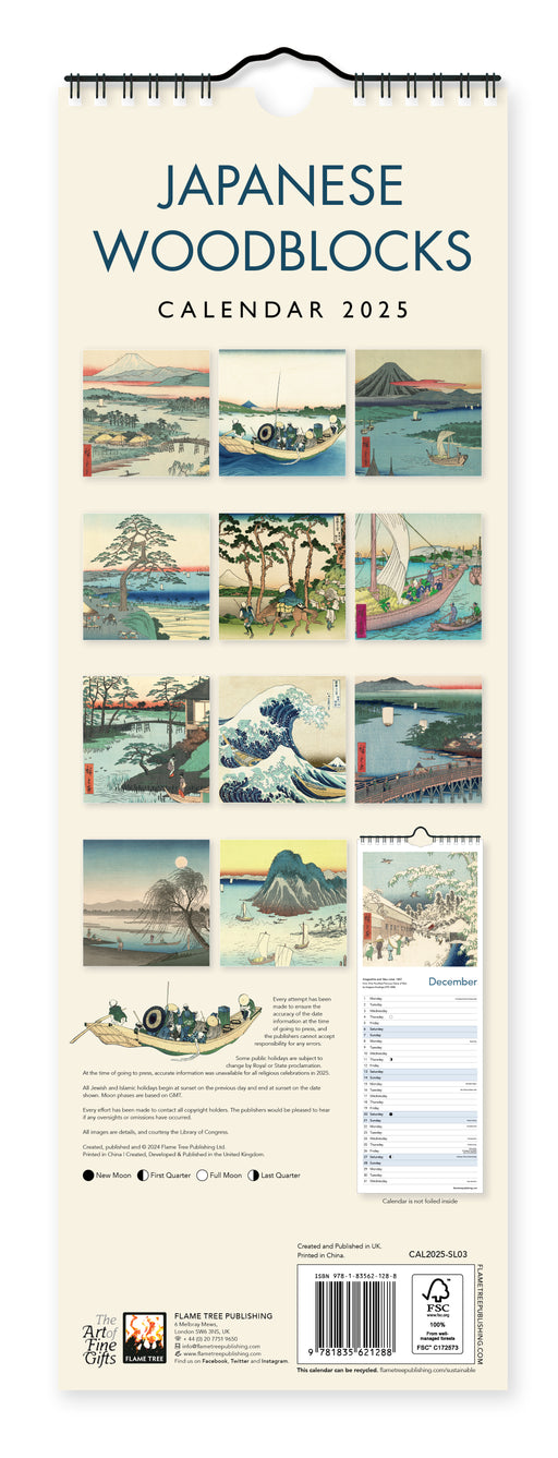 2025 Japanese Woodblocks Slimline Wall Calendar by  Flame Tree Publishing from Calendar Club