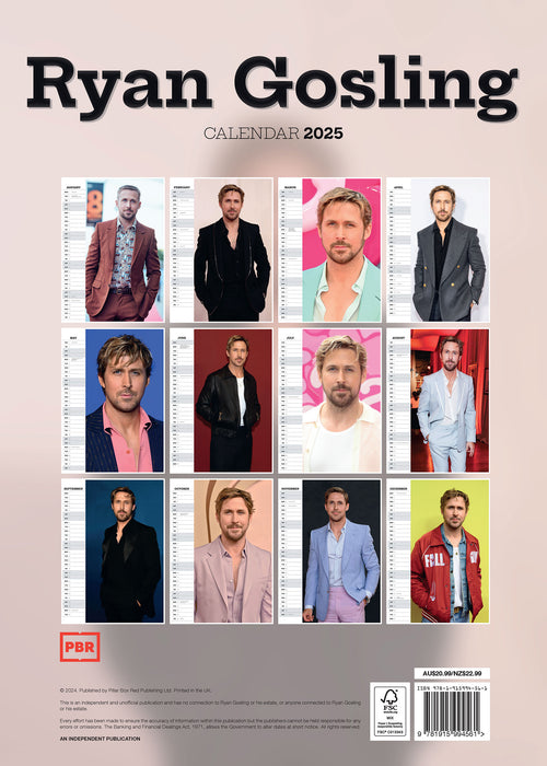 2025 Ryan Gosling Large Wall Calendar by  Pillar Box Red Publishing Ltd from Calendar Club