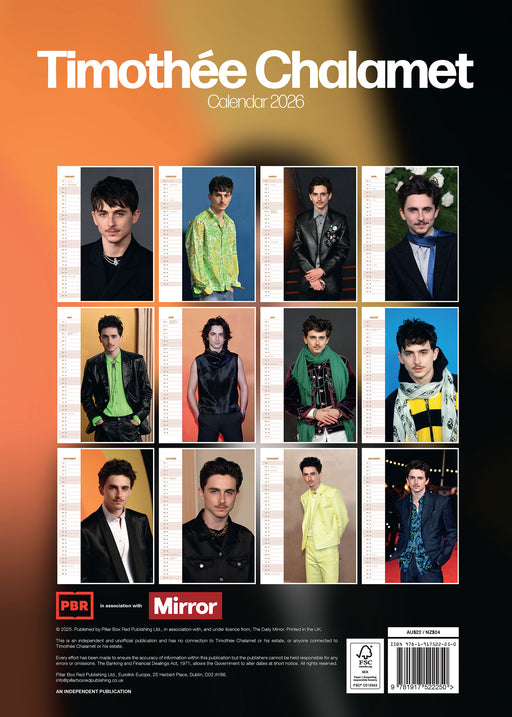 Timothee Chalamet 2026 A3 Wall Calendar
