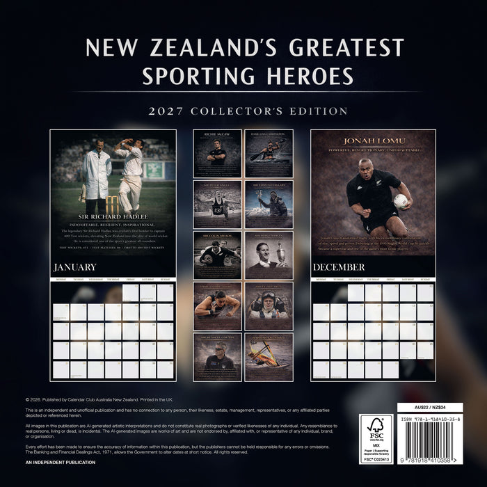 NZ Greatest Sporting Heroes 2027 Square Wall Calendar