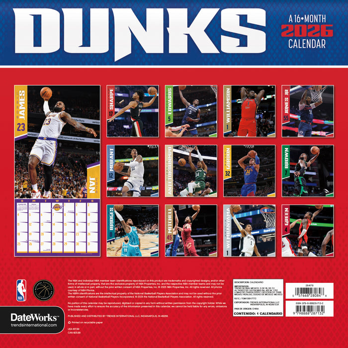 NBA Dunks 2026 Square Wall Calendar