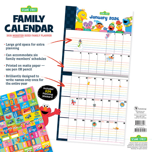 Sesame Street Monster Sized Family Planner 2026 Square Wall Calendar with Stickers